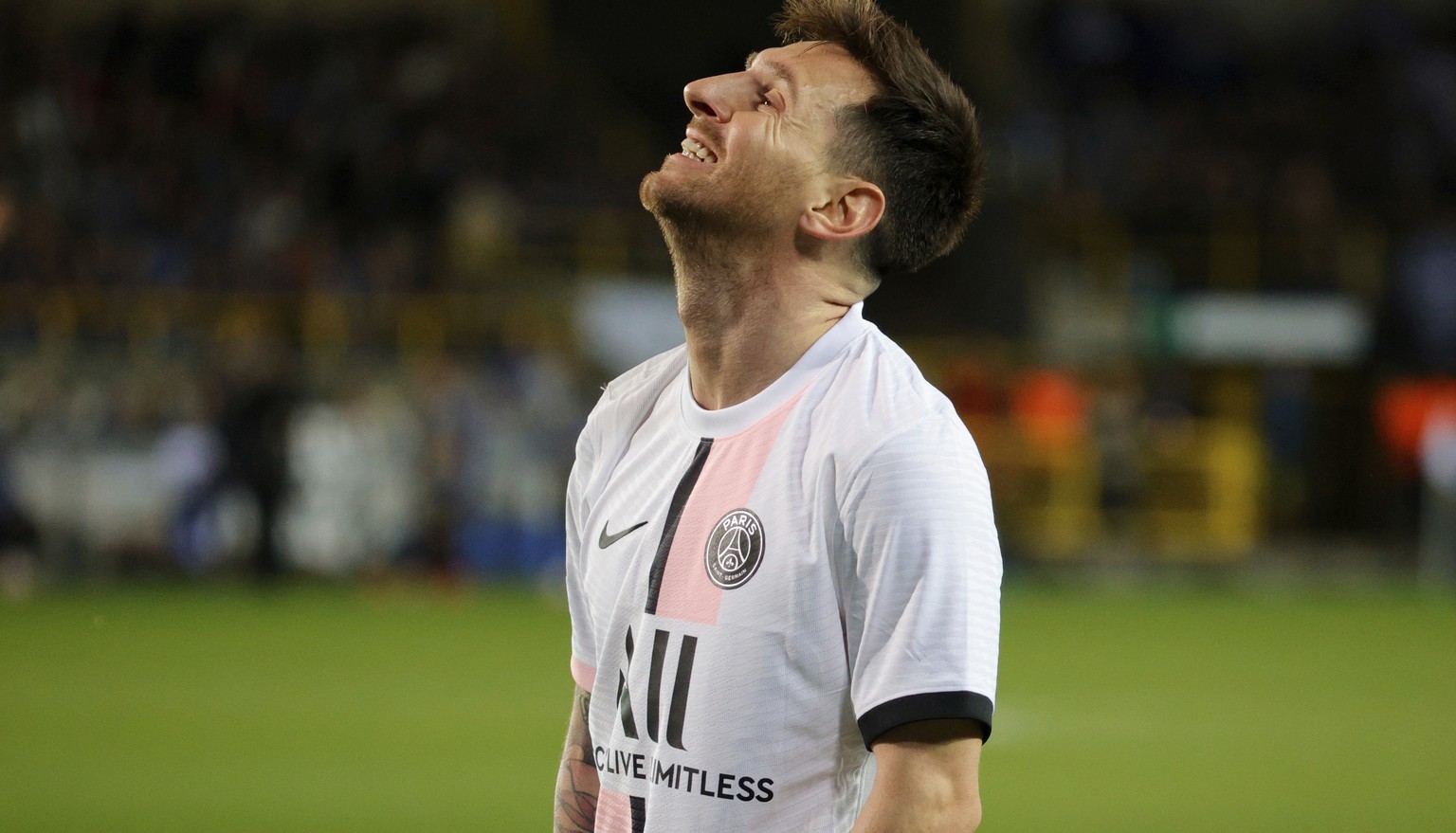 PSG&#039;s Lionel Messi reacts during the Champions League Group A soccer match between Club Brugge and PSG at the Jan Breydel stadium in Bruges, Belgium, Wednesday, Sept. 15, 2021. (AP Photo/Olivier  ...