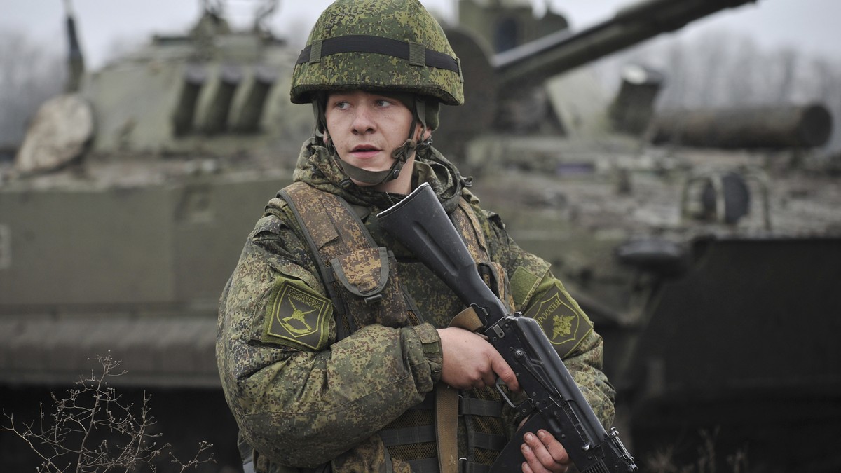 A Russian army soldier takes part in drills at the Kadamovskiy firing range in the Rostov region in southern Russia, Friday, Dec. 10, 2021. Russian troop concentration near Ukraine has raised Ukrainia ...