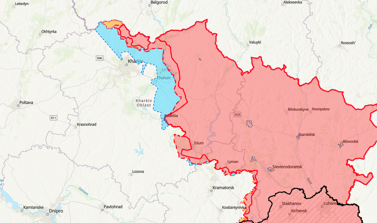 Les supposées avancées ukrainiennes dans la région de Kharkiv, en bleu. La zone rouge représente le territoire contrôlé par l'armée russe.