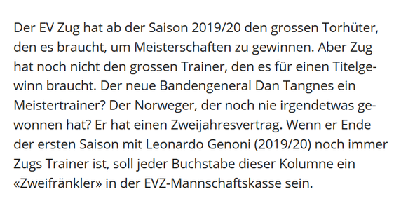 Kein Meister â aber es ist, wie es ist: Wenn es drauf ankommt, verliert Zug
Der EVZ freut sich Ã¼ber den Beitrag des Eismeisters in der Mannschaftskasse ;)