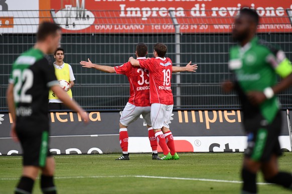 Lugano&#039;s player Domen Crnigoj, right, Lugano&#039;s player Mario Piccinocchi, left, celebrate the 2-0 goal with fans during the Super League soccer match FC Lugano against FC St. Gallen, at the C ...