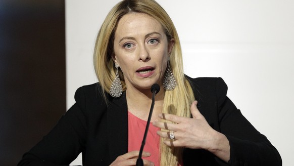 FILE - Brothers of Italy&#039;s Giorgia Meloni attends a media event for center-right leaders in Rome, on March 1, 2018. Italy&#039;s fascist legacy faces increasingly scrutiny these days, with electi ...