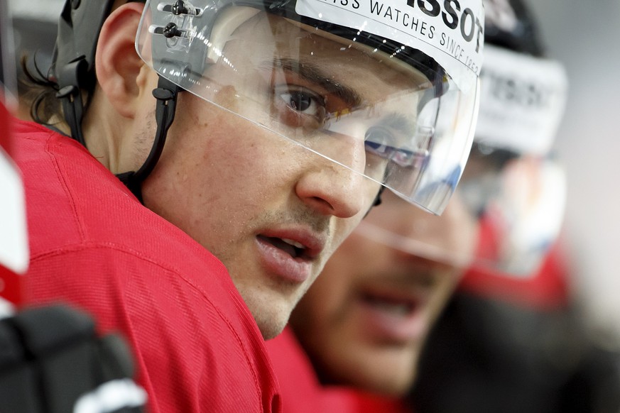 ARCHIVBILD - NINO NIEDERREITER UNTERSCHREIBT FUENFJAHRESVERTRAG BEI MINNESOTA WILD - Switzerland&#039;s Nino Niederreiter looks on his teammates from the bench, during a training session of the IIHF 2 ...