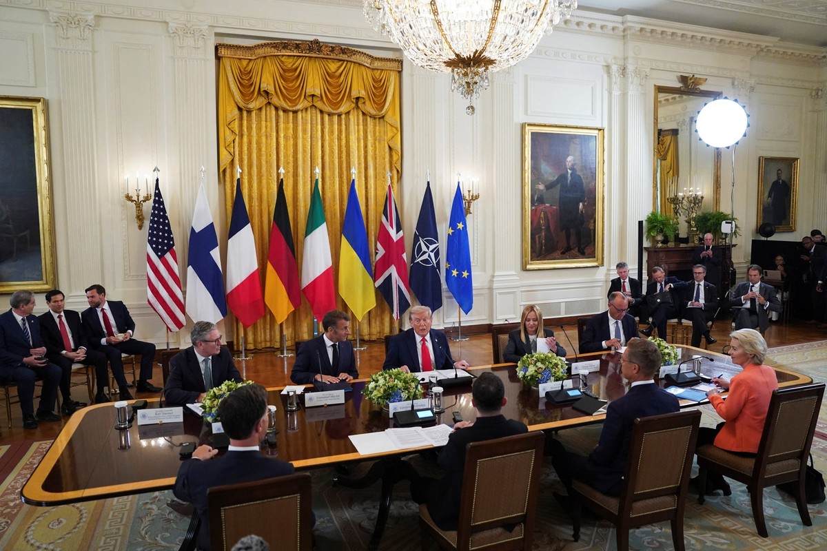 U.S. President Donald Trump meets Ukrainian President Volodymyr Zelenskiy, German Chancellor Friedrich Merz, French President Emmanuel Macron, British Prime Minister Keir Starmer, Italian Prime Minist ...