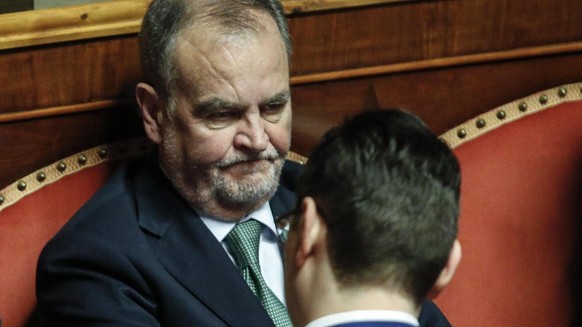 epa06626132 League party leader Matteo Salvini (L) and Roberto Calderoli (R) attend a session of the Italian Senate in Rome, Italy, 24 March 2018. Italian Senate is due to elect its new president foll ...