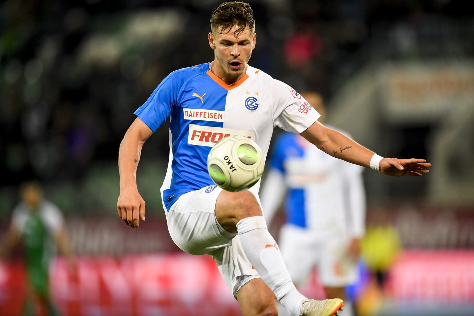 Grasshopper Robin Kamber, beim Fussball Super-League Spiel zwischen dem FC St. Gallen und dem Grasshopper Club Zuerich, am Mittwoch, 3. April 2019, im Kybunpark in St. Gallen. (KEYSTONE/Gian Ehrenzell ...