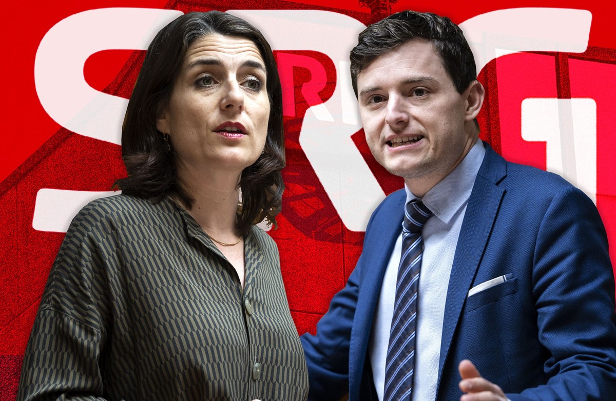 Flavia Wasserfallen, SP (links im Bild) und Benjamin Fischer, SVP (rechts im Bild) überblenden das SRG Logo mit SRF Gebäude im Hintergrund.
