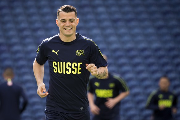 epa07625523 Switzerland&#039;s midfielder Granit Xhaka in action during a training session at the Dragao stadium in Porto, Portugal, 04 June 2019. Switzerland will face Portugal in their UEFA Nations  ...