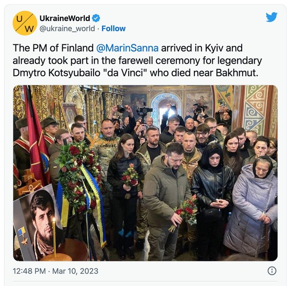 «Die Premierministerin von Finnland ist in Kiew eingetroffen und hat bereits an der Abschiedszeremonie für den legendären Dmytro Kozjubailo ‹da Vinci› teilgenommen, der in der Nähe von Bachmut gestorb ...