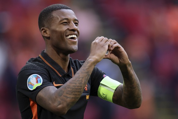 Georginio Wijnaldum of the Netherlands celebrates after scoring his side&#039;s 2nd goal during the Euro 2020 soccer championship group F match between North Macedonia and Netherlands, at the Johan Cr ...