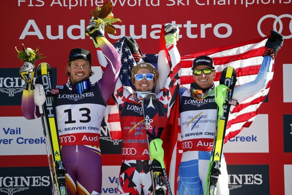 Das Siegerpodest der Super-Kombination: Kjetil Jansrud, Marcel Hirscher und Ted Ligety (v.l.).