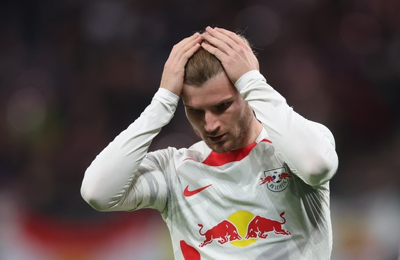 epa10266013 Timo Werner of RB Leipzig reacts during the UEFA Champions League group F soccer match between RB Leipzig and Real Madrid in Leipzig, Germany, 25 October 2022. EPA/MARTIN DIVISEK