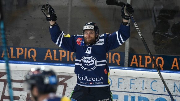 Ambri's player Mikko Maeenpaeae celebrate 5-1, during the fourth Playout final game of National League A (NLA) Swiss Championship 2016/17 between HC Ambri Piotta and Fribourg Gotteron, at the ice ...
