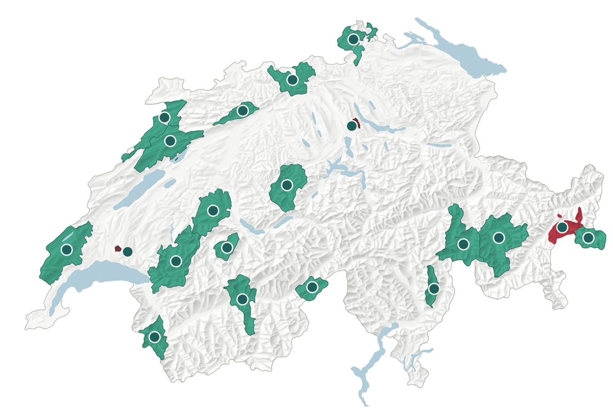 Rot markiert ist der Nationalpark im Kanton Graubünden.