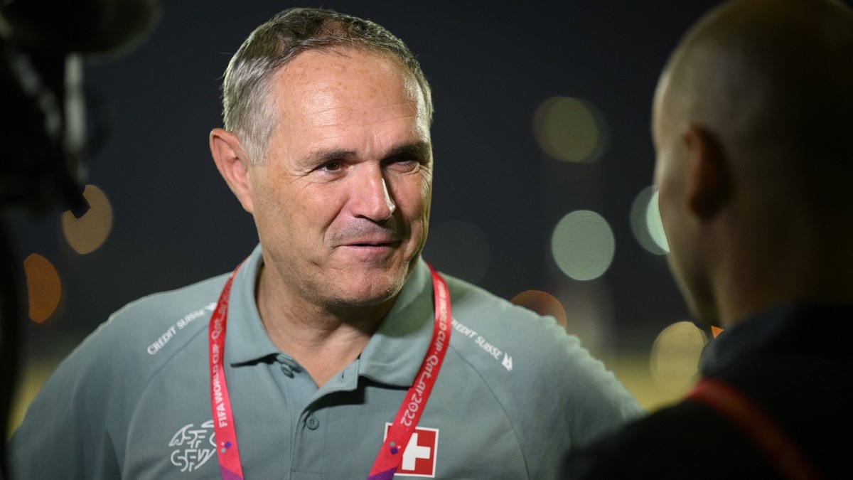 Switzerland's national soccer teams director Pierluigi Tami answers questions from journalists after a open training session of Swiss national team in preparation for the FIFA World Cup Qatar 202 ...