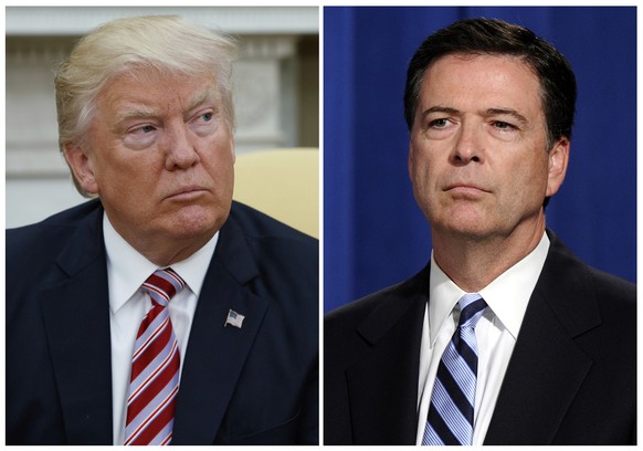 In this combination photo, President Donald Trump, left, appears in the Oval Office of the White House in Washington on May 10, 2017, and FBI Director James Comey appears at a news conference in Washi ...