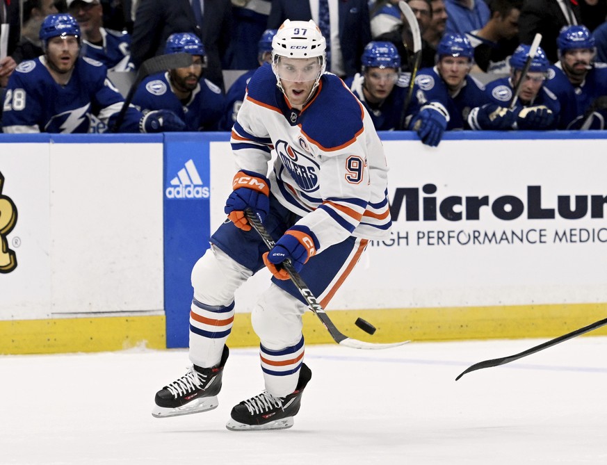 FILE - Edmonton Oilers center Connor McDavid (97) handles the puck during the first period of an NHL hockey game against the Tampa Bay Lightning Tuesday, Nov. 8, 2022, in Tampa, Fla. So if Twitter is  ...