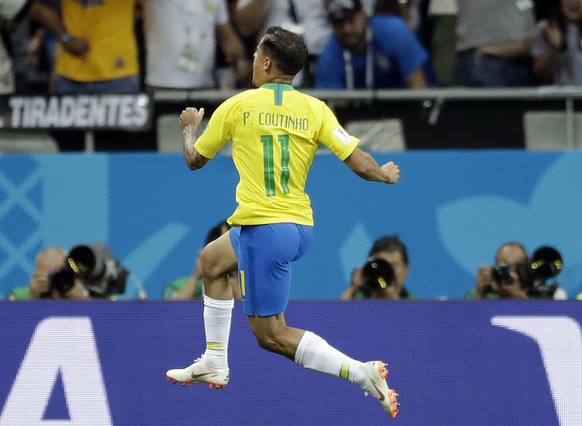 Brazil&#039;s Philippe Coutinho celebrates after scoring his side&#039;s first goal during the group E match between Brazil and Switzerland at the 2018 soccer World Cup in the Rostov Arena in Rostov-o ...
