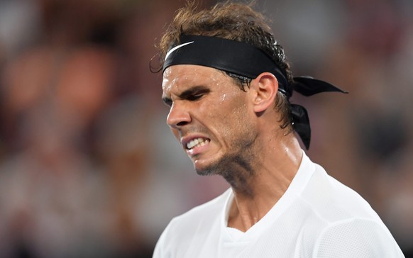 epa05744131 Rafael Nadal of Spain reacts during the Men&#039;s Singles round four match against Gael Monfils of France at the Australian Open Grand Slam tennis tournament in Melbourne, Victoria, Austr ...