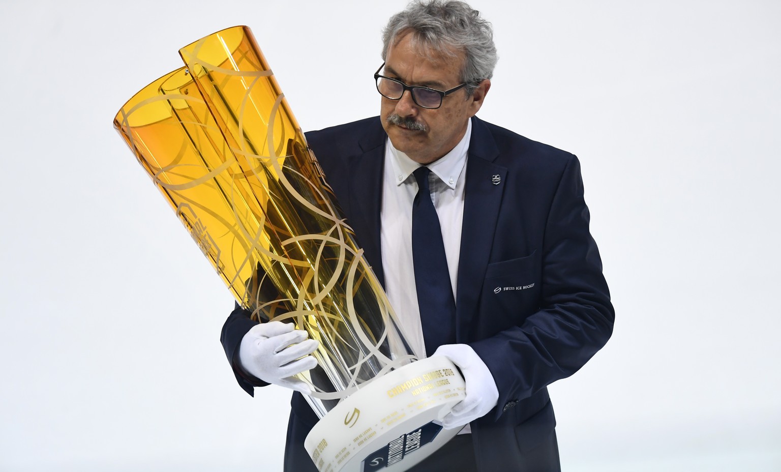 The Swiss Ice Hockey Championship trophy is seen before the fifth match of the playoff final of the National League of the ice hockey Swiss Championship between the HC Lugano and the ZSC Lions, at the ...