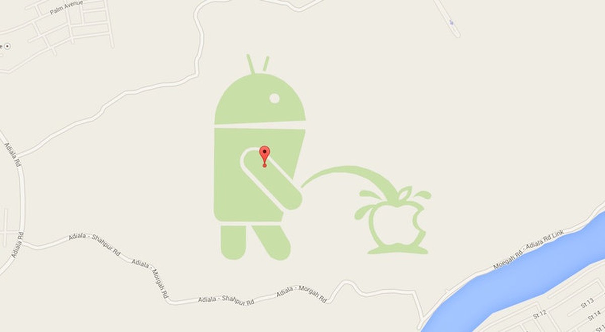 Das Android-Maskottchen urinierte in Google Maps auf das Apple-Logo.