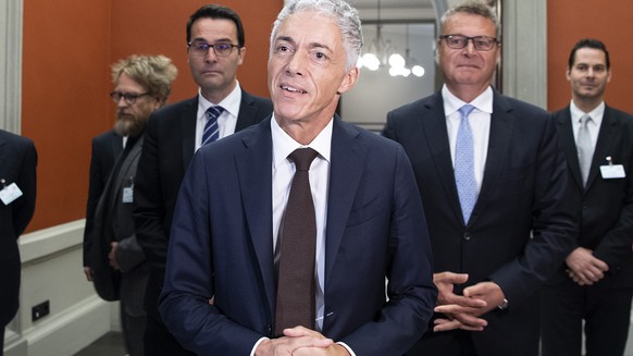 FILE - In this Wednesday, Sept. 25, 2019 file photo, Swiss Federal Attorney Michael Lauber speaks at a press conference in Bern, Switzerland. Swiss attorney general Michael Lauber was disciplined Wedn ...