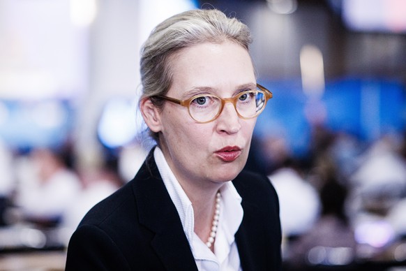 epa10773898 AfD co-chair Alice Weidel speaks in conversation during the AfD party conference in Magdeburg, Germany, July 28, 2023. The AfD is holding ...