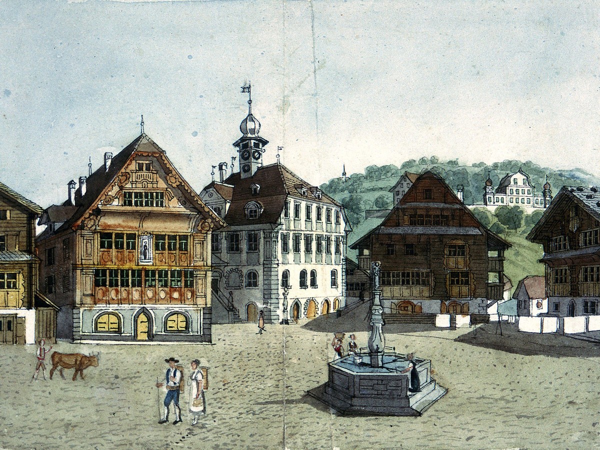 Sarnen, Dorfplatz, um 1832. Sichtachsen geben den Blick frei auf den Landenberg mit seiner starken Präsenz und Ausstrahlung. Aquarell von David Alois Schmid (1791–1861). Der Schwyzer Aquarellmaler, Pa ...