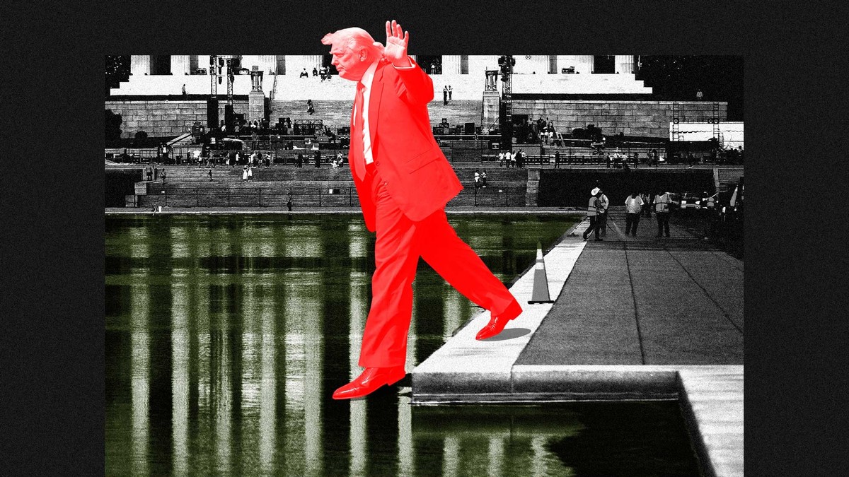 Auf dem Bild: Eine Fotomontage von US-Präsident Donald Trump der in den Reflecting Pool läuft und dabei der Kamera zuwinkt.