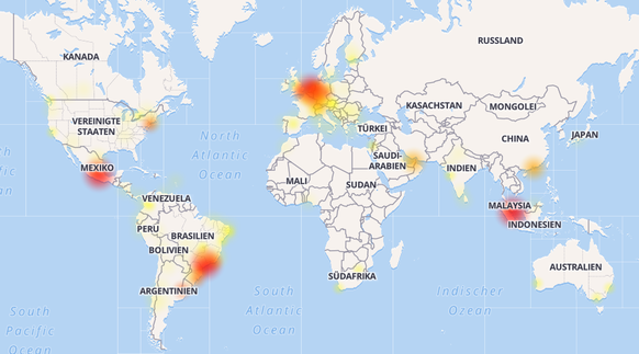 Karte der WhatsApp-Störungen im Donnerstagmorgen.