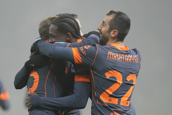 Inter Milan's Marcus Thuram, center, celebrates scoring during the Italian Serie A soccer match between Parma and Inter in Parma, Italy, Wednesday, Jan. 7, 2026. (Spada/LaPresse via AP)
Italy Ser ...