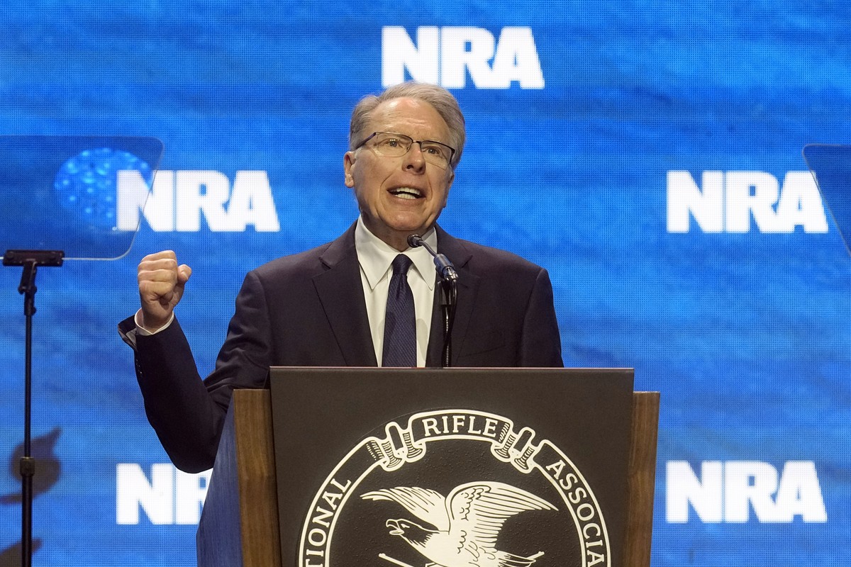 Wayne LaPierre, CEO and executive vice-president of the National Rifle Association, addresses the National Rifle Association Convention, Friday, April 14, 2023, in Indianapolis. (AP Photo/Darron Cummi ...