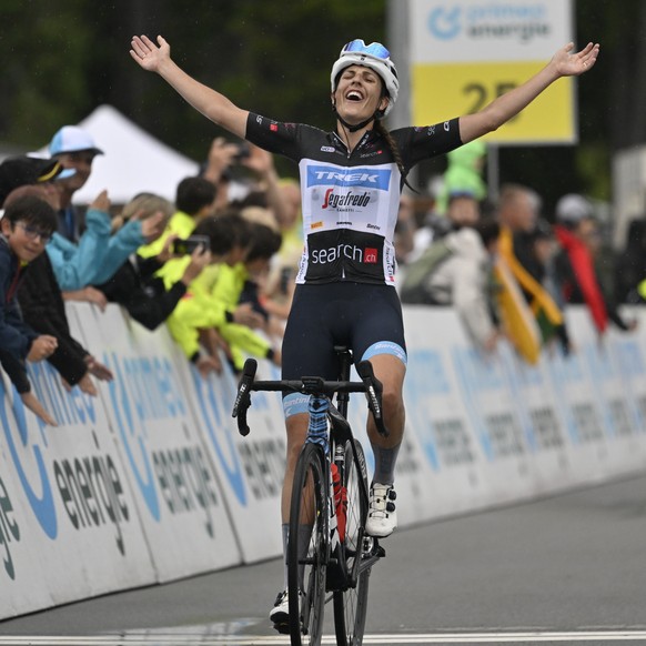 Lucinda Brand from the Netherlands of Team Trek-Segafredo celebrates after winning the forth stage during the fourth and last stage, a 98.5 km race from Chur to Lantsch/Lenz at the 2nd Tour de Suisse  ...