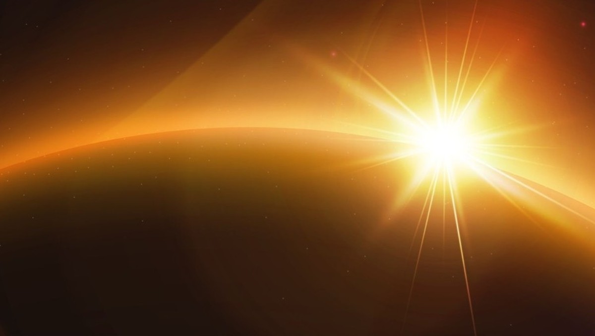 Planet Horizont mit leuchtendem orangefarbenem Leuchten. Realistische Vektorillustration des Blicks aus dem Weltraum auf abstrakten Sonnenaufgang oder Sonnenuntergang. Dunkler Kosmos Sternenhintergrun ...