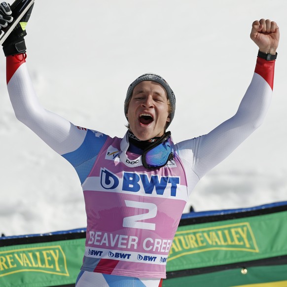 Switzerland's Marco Odermatt celebrates his first-place finish in the Men's World Cup super-G skiing race Friday, Dec. 6, 2019, in Beaver Creek, Colo. (AP Photo/John Locher)