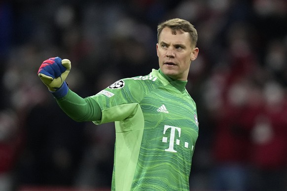 FILE - Bayern goalkeeper Manuel Neuer reacts during the Champions League, round of 16, second leg soccer match between Bayern and Salzburg in Munich, Germany, on March 8, 2022. Neuer has on Monday, Au ...