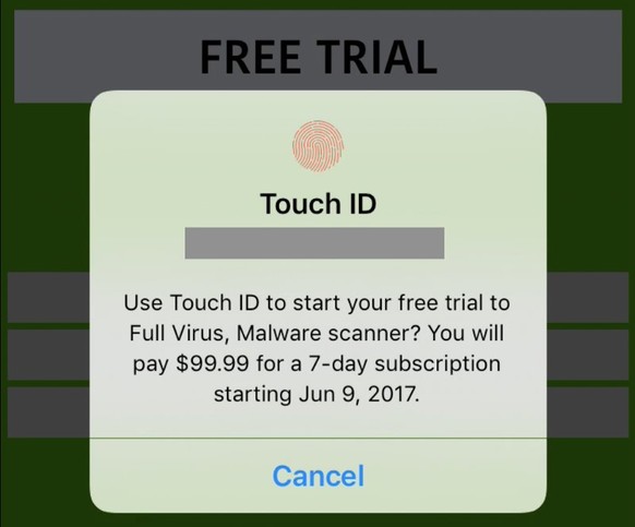 Wer hier nur «Free Trial» liest und zu schnell mit dem Fingerabdruck bestätigt, übersieht, dass das man bereits für die ersten sieben Tage 99 (!) US-Dollar zahlt.