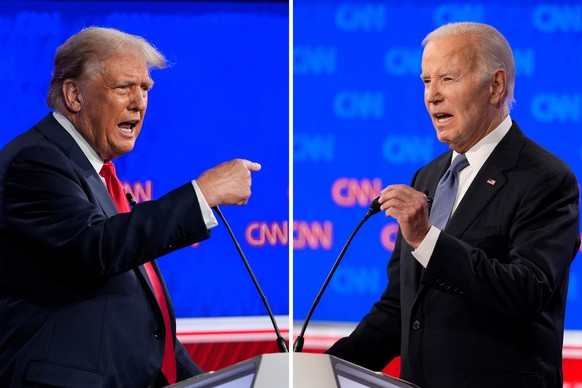 This combination of photos shows Republican presidential candidate former President Donald Trump, left, and President Joe Biden during a presidential debate hosted by CNN, Thursday, June 27, 2024, in  ...