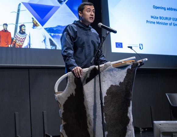 Greenland Prime Minister Mute B. Egede speaks at the opening of EU Arctic Forum in Nuuk, Greenland Wednesday, Feb. 8, 2023. (Leiff Josefsen/Ritzau Scanpix via AP)