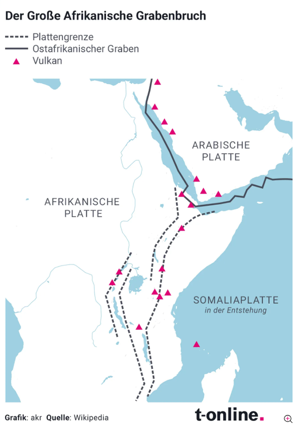Der Verlauf des grossen afrikanischen Grabenbruchs.