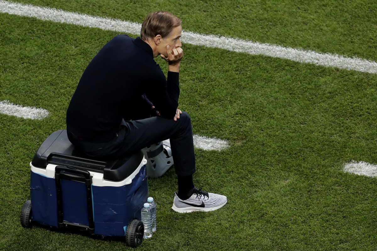 PSG's head coach Thomas Tuchel watches his team during the Champions League final soccer match between Paris Saint-Germain and Bayern Munich at the Luz stadium in Lisbon, Portugal, Sunday, Aug. 2 ...
