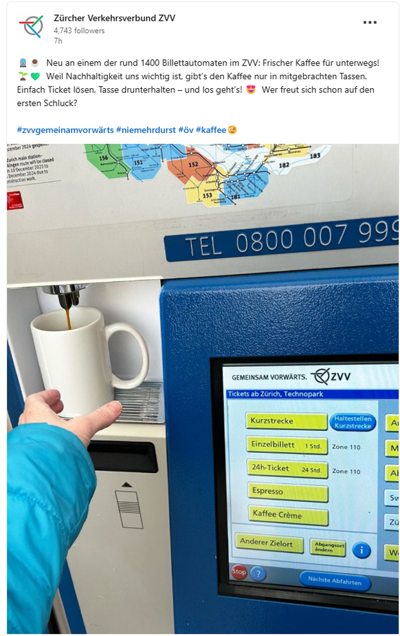 Ein Käffchen für die tägliche Pendlerstrecke gibt es beim ZVV.
