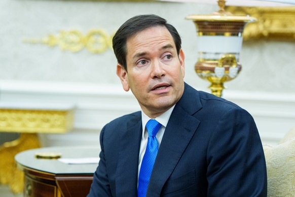 epa12241591 United States Secretary of State Marco Rubio gives remarks as United States President Donald J. Trump meets Bahrain&#039;s Prime Minister and Crown Prince Sheikh Salman bin Hamad al-Khalif ...