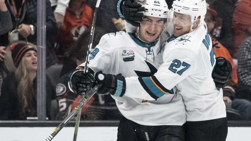 San Jose Sharks right wing Timo Meier, left, and right wing Joonas Donskoi celebrate Meier&#039;s goal in the overtime of an NHL hockey game against the Anaheim Ducks in Anaheim, Calif., Sunday, Oct.  ...