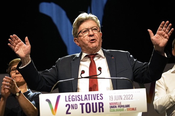 Hard-left leader Jean-Luc Melenchon delivers his speech in his election night headquarters, Sunday, June 19, 2022 in Paris. French President Emmanuel Macron&#039;s alliance got the most seats in the f ...