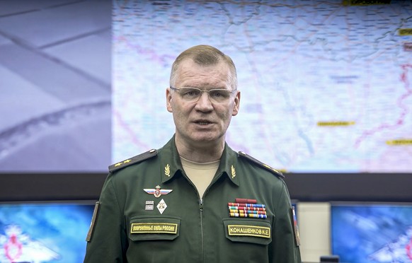 epa10403009 A still image from a handout video made available by the Russian Defense Ministry on January 13, 2023 shows Russian Defense Ministry spokesman Igor Konashenkov speaking the daily…