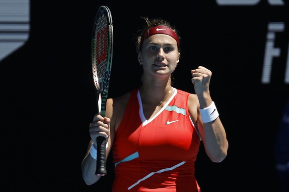 Aryna Sabalenka of Belarus celebrates after defeating Wang Xinyu of China in their second round match at the Australian Open tennis championships in Melbourne, Australia, Thursday, Jan. 20, 2022. (AP  ...