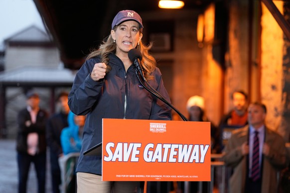 New Jersey gubernatorial candidate Mikie Sherrill speaks to media and supporters at a train station in Westfield, N.J., Thursday, Oct. 30, 2025. (AP Photo/Seth Wenig)
Mikie Sherrill