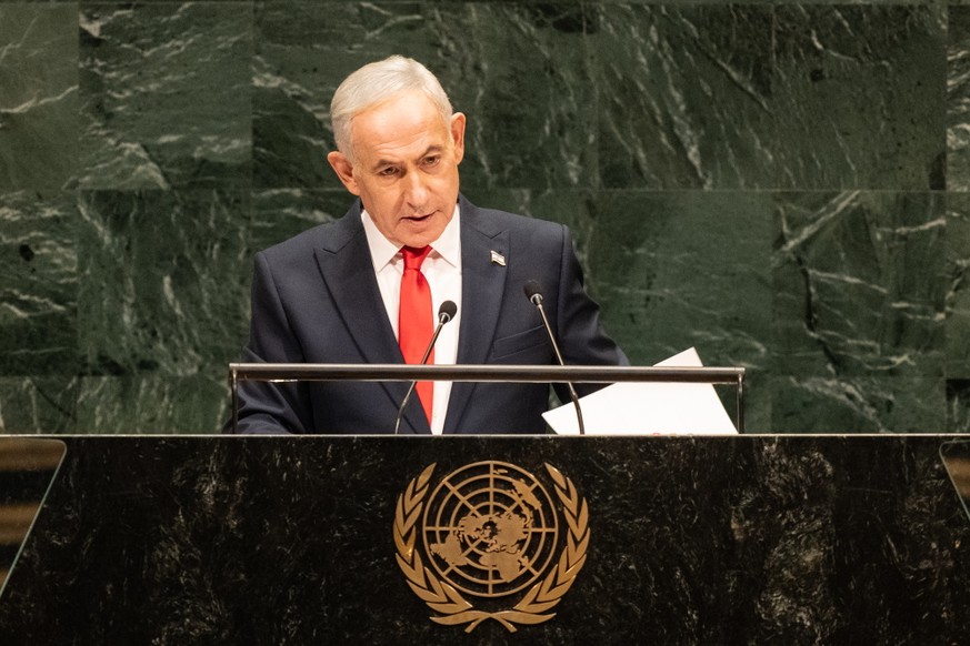 epa13261021 Israel's Prime Minister Benjamin Netanyahu speaks during the General Debate of the 81st session of the United Nations General Assembly (UNGA) at United Nations Headquarters in New Yor ...