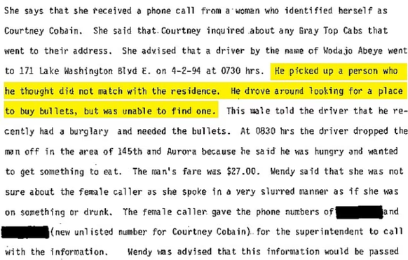 Ein SPD-Bericht aus dem Jahr 1994 beschrieb einen Fahrer des Seattler Taxiunternehmens «Gray Top Cabs», der einen Passagier aus Cobains Wohnsitz abholte.
